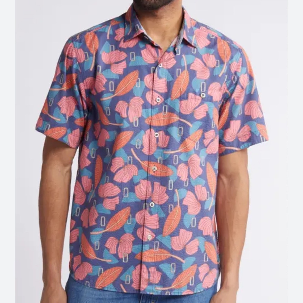 Tommy Bahama Nova Wave Aloha Tropics Short-Sleeve Shirt Blue Seersucker NWT-XL